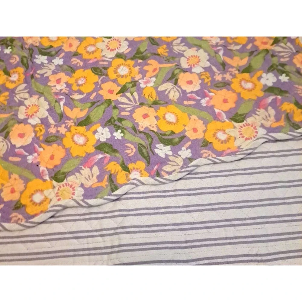 Quilted Table Runner Reversible Floral Striped Purple Yellow Cottage 14x70